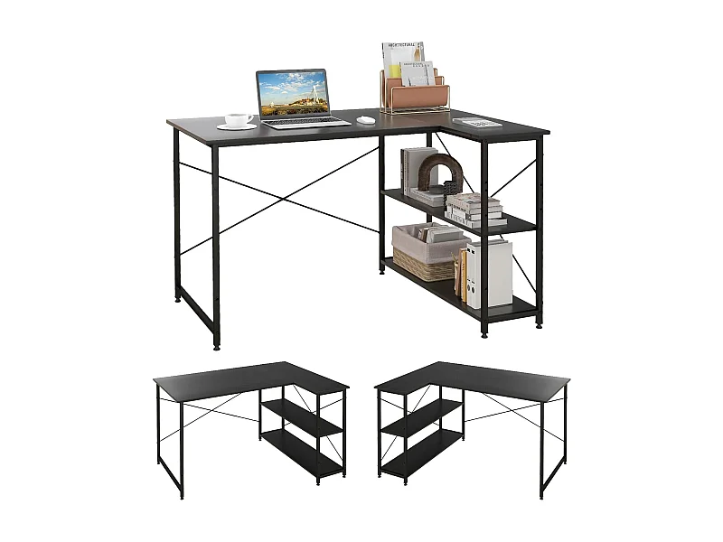 Bureau d'angle en Forme L Réversible, Poste de Travail avec Étagères de Rangement, 120 x 88 x 74,5 cm, Peu Encombrant, pour Maison, Bureaux (Noir)