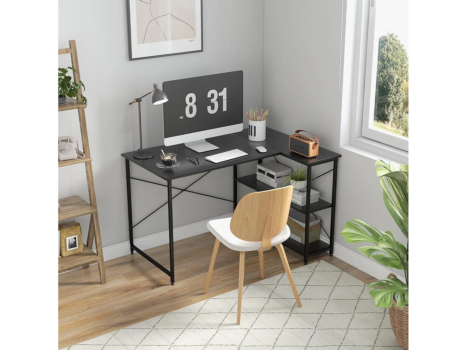Bureau d'angle en Forme L Réversible, Poste de Travail avec Étagères de Rangement, 120 x 88 x 74,5 cm, Peu Encombrant, pour Maison, Bureaux (Noir)