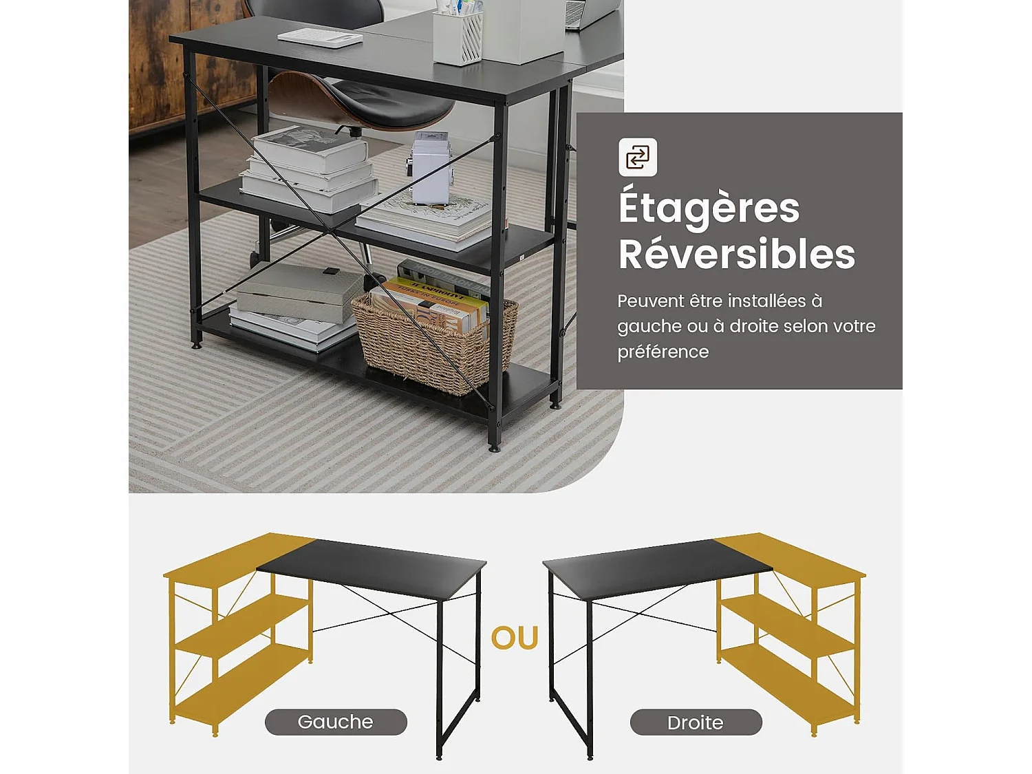 Bureau d'angle en Forme L Réversible, Poste de Travail avec Étagères de Rangement, 120 x 88 x 74,5 cm, Peu Encombrant, pour Maison, Bureaux (Noir)