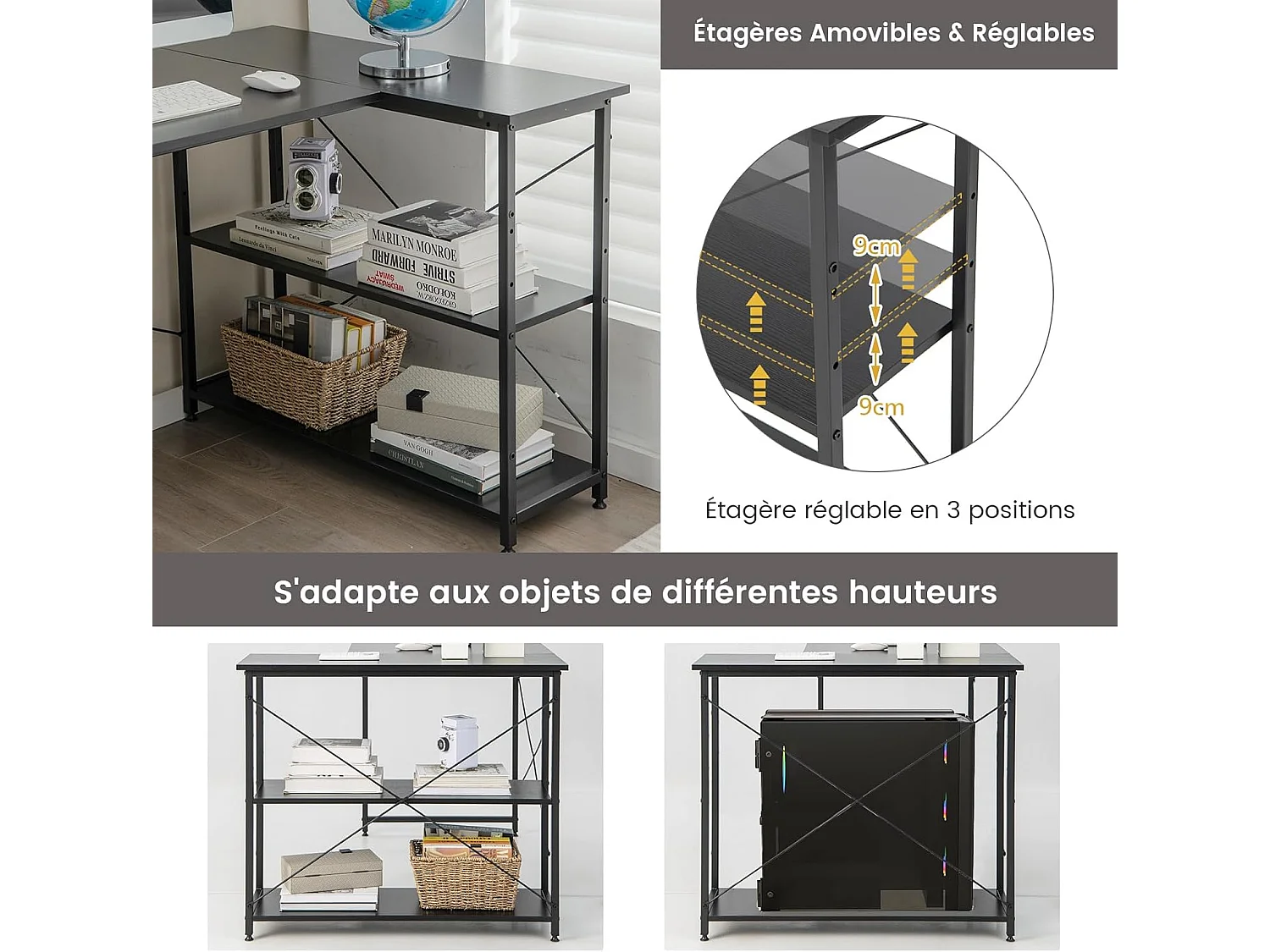 Bureau d'angle en Forme L Réversible, Poste de Travail avec Étagères de Rangement, 120 x 88 x 74,5 cm, Peu Encombrant, pour Maison, Bureaux (Noir)