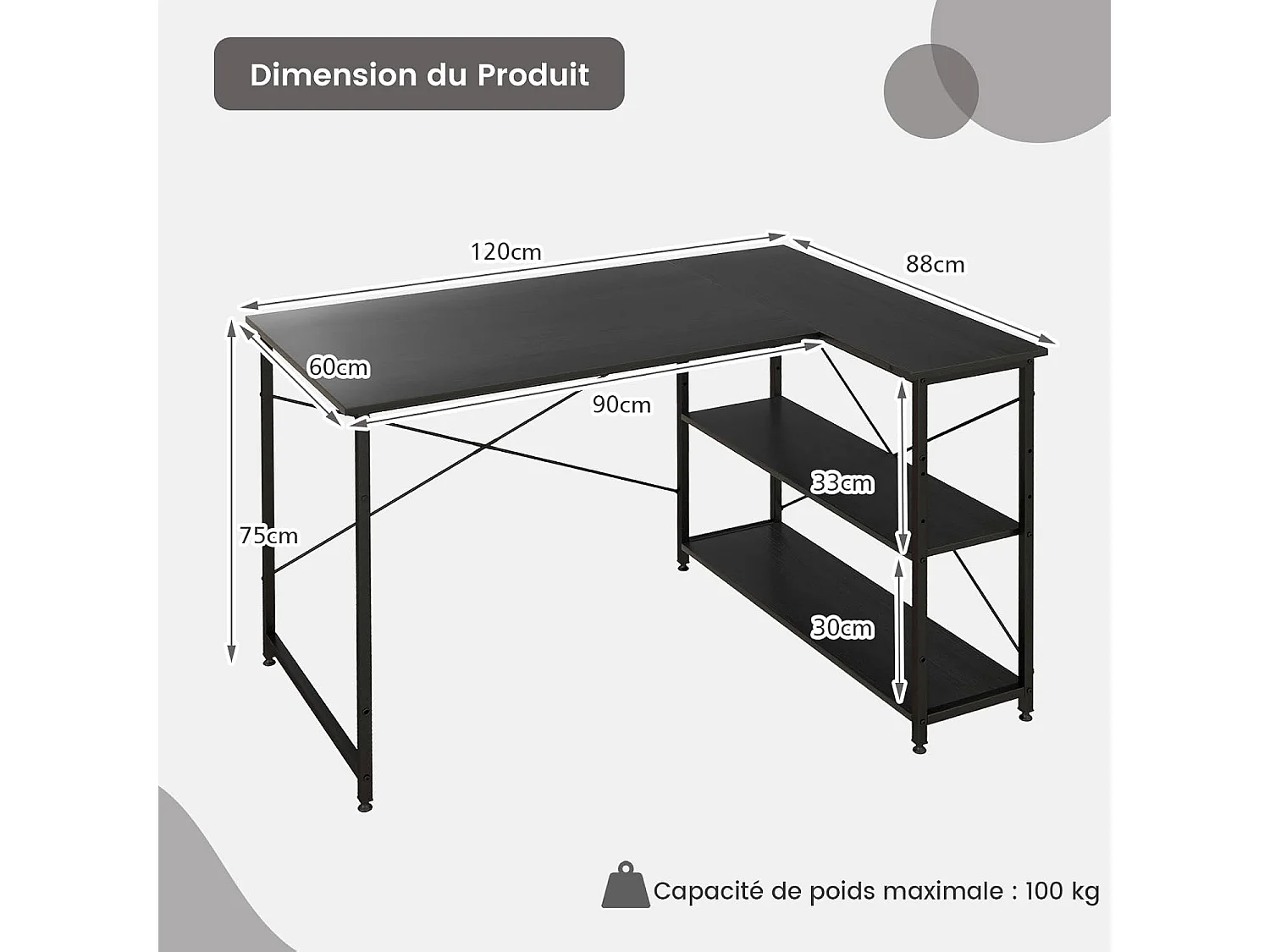 Bureau d'angle en Forme L Réversible, Poste de Travail avec Étagères de Rangement, 120 x 88 x 74,5 cm, Peu Encombrant, pour Maison, Bureaux (Noir)