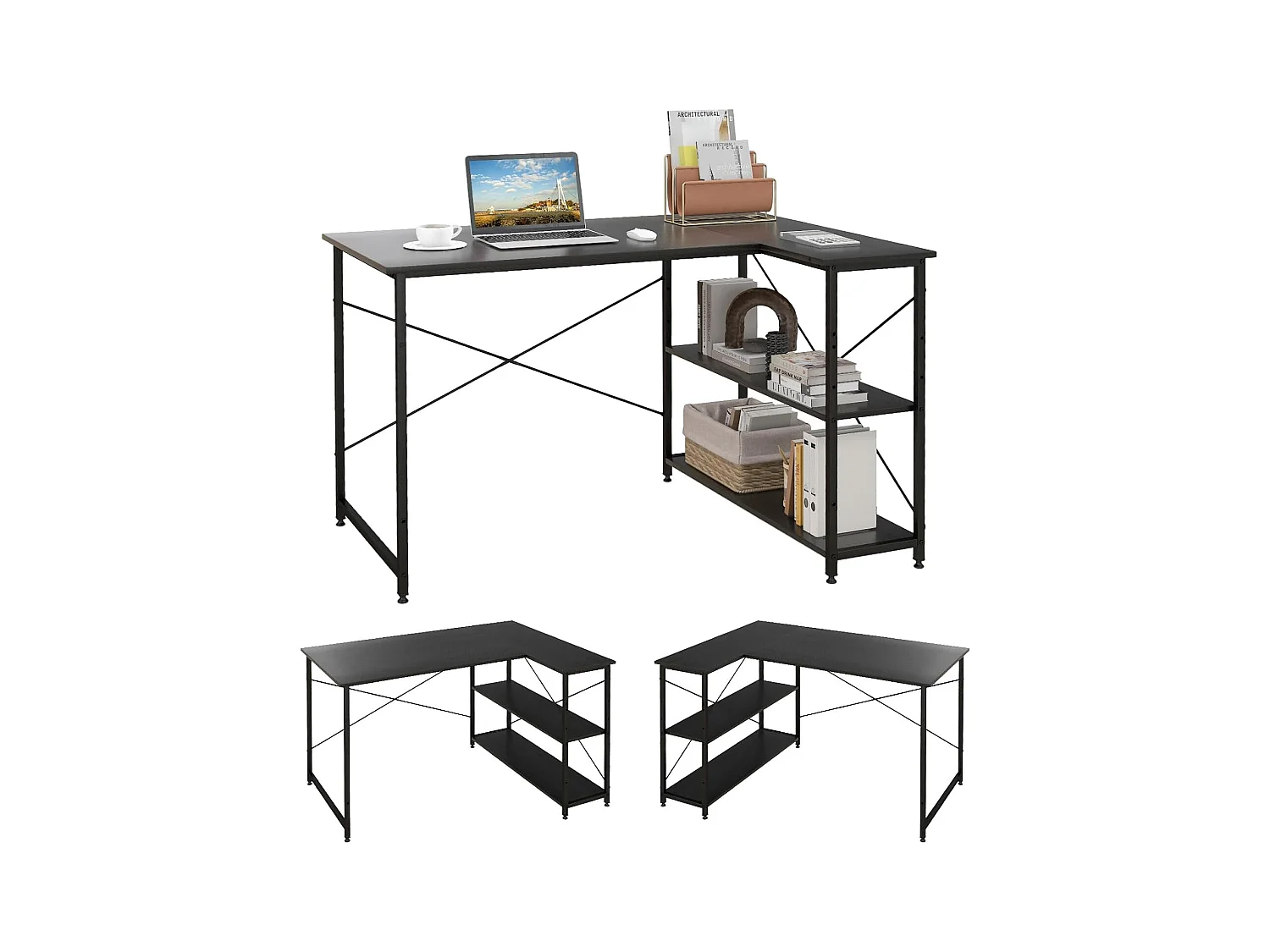 Bureau d'angle en Forme L Réversible, Poste de Travail avec Étagères de Rangement, 120 x 88 x 74,5 cm, Peu Encombrant, pour Maison, Bureaux (Noir)