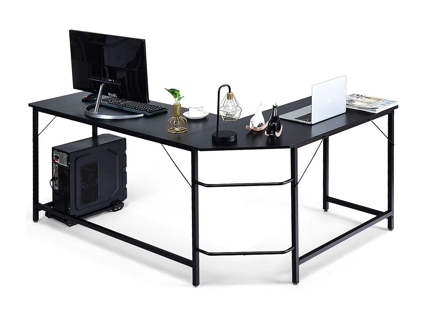 Bureau/Table Informatique,Bureau/Table d’Angle Ordinateur Coin en Bois et Métal avec 6 Pieds Réglables 168 x 125 x 74CM (Noir)