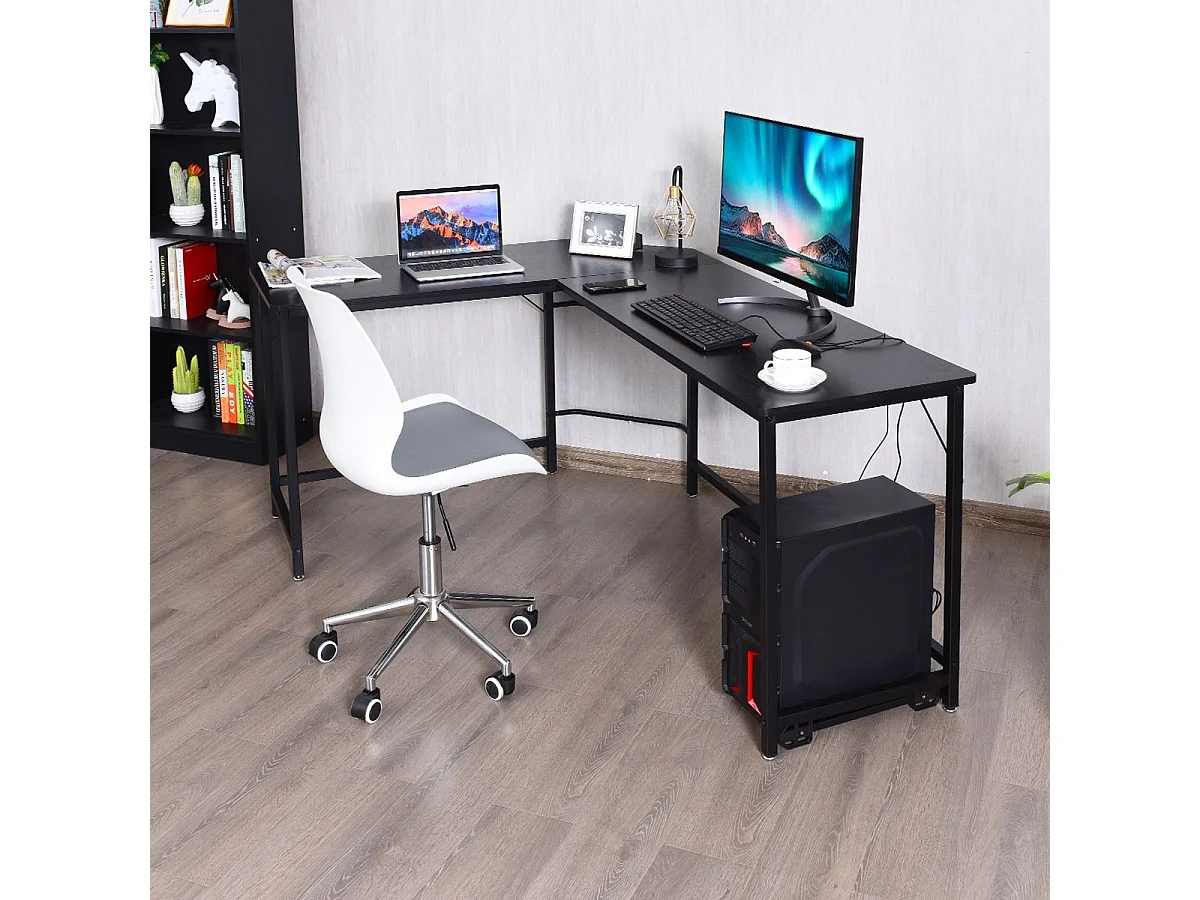 Bureau/Table Informatique,Bureau/Table d’Angle Ordinateur Coin en Bois et Métal avec 6 Pieds Réglables 168 x 125 x 74CM (Noir)