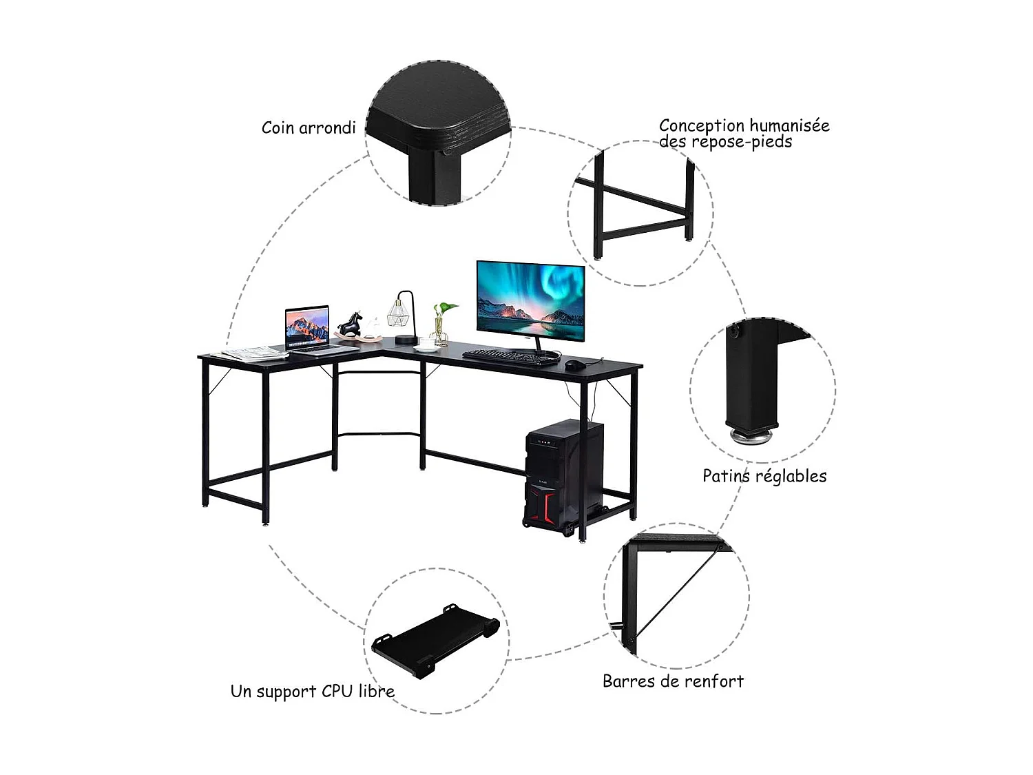 Bureau/Table Informatique,Bureau/Table d’Angle Ordinateur Coin en Bois et Métal avec 6 Pieds Réglables 168 x 125 x 74CM (Noir)