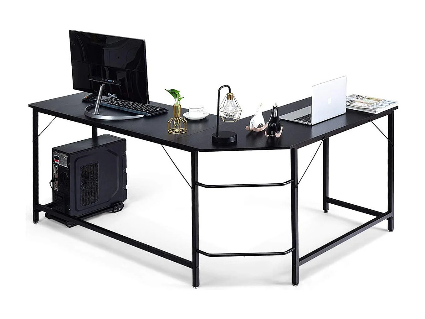 Bureau/Table Informatique,Bureau/Table d’Angle Ordinateur Coin en Bois et Métal avec 6 Pieds Réglables 168 x 125 x 74CM (Noir)