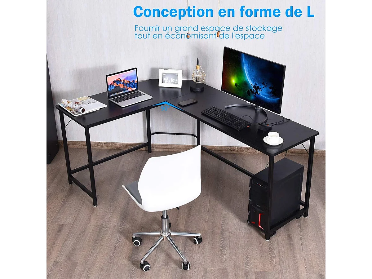 Bureau/Table Informatique,Bureau/Table d’Angle Ordinateur Coin en Bois et Métal avec 6 Pieds Réglables 168 x 125 x 74CM (Noir)