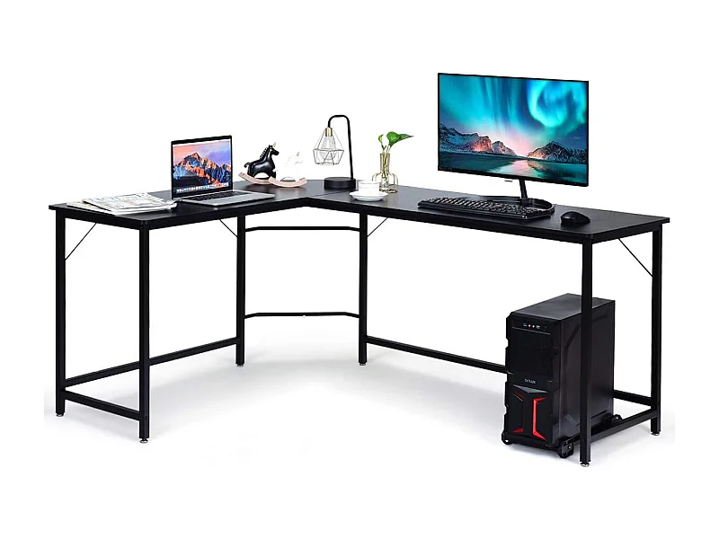 Bureau/Table Informatique,Bureau/Table d’Angle Ordinateur Coin en Bois et Métal avec 6 Pieds Réglables 168 x 125 x 74CM (Noir)