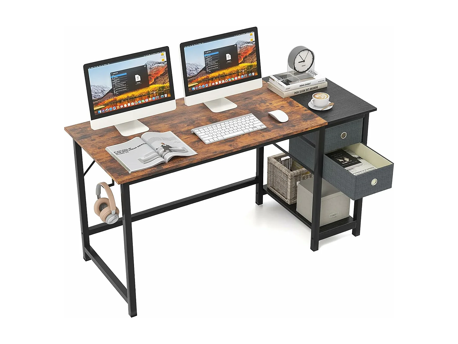 Bureau d'Ordinateur 60 x 140 cm, Table de Bureau avec 2 Tiroirs Étagère, Bureau d'Écriture, Table d'Étude, Postes de Travail pour Chambre, Bureau, Marron Rustique