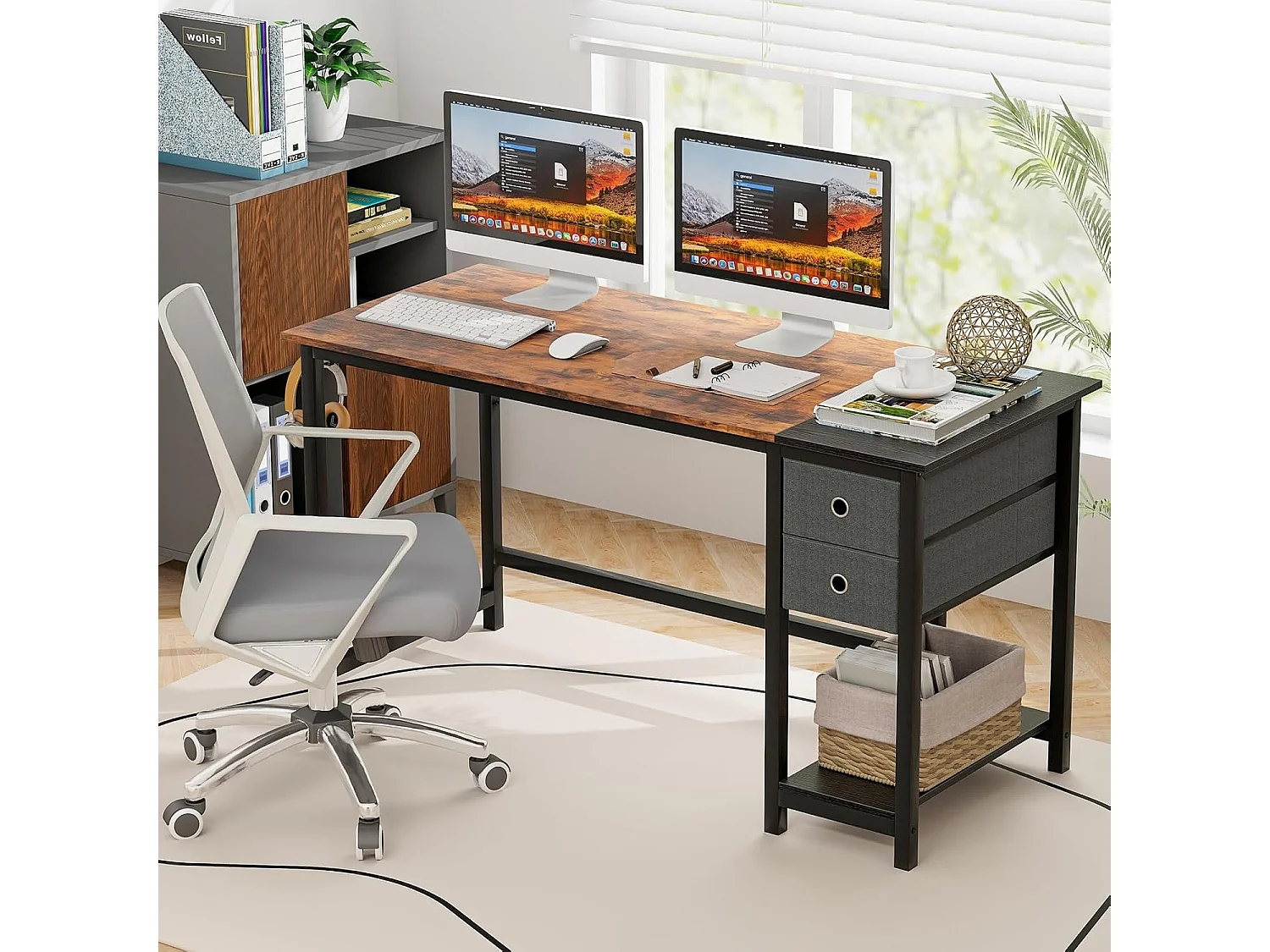 Bureau d'Ordinateur 60 x 140 cm, Table de Bureau avec 2 Tiroirs Étagère, Bureau d'Écriture, Table d'Étude, Postes de Travail pour Chambre, Bureau, Marron Rustique