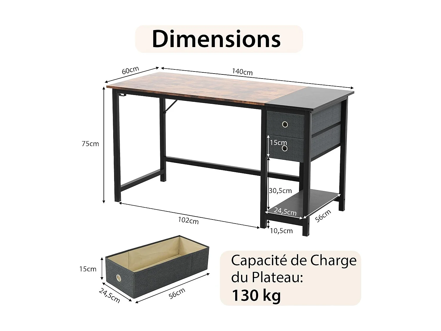 Bureau d'Ordinateur 60 x 140 cm, Table de Bureau avec 2 Tiroirs Étagère, Bureau d'Écriture, Table d'Étude, Postes de Travail pour Chambre, Bureau, Marron Rustique