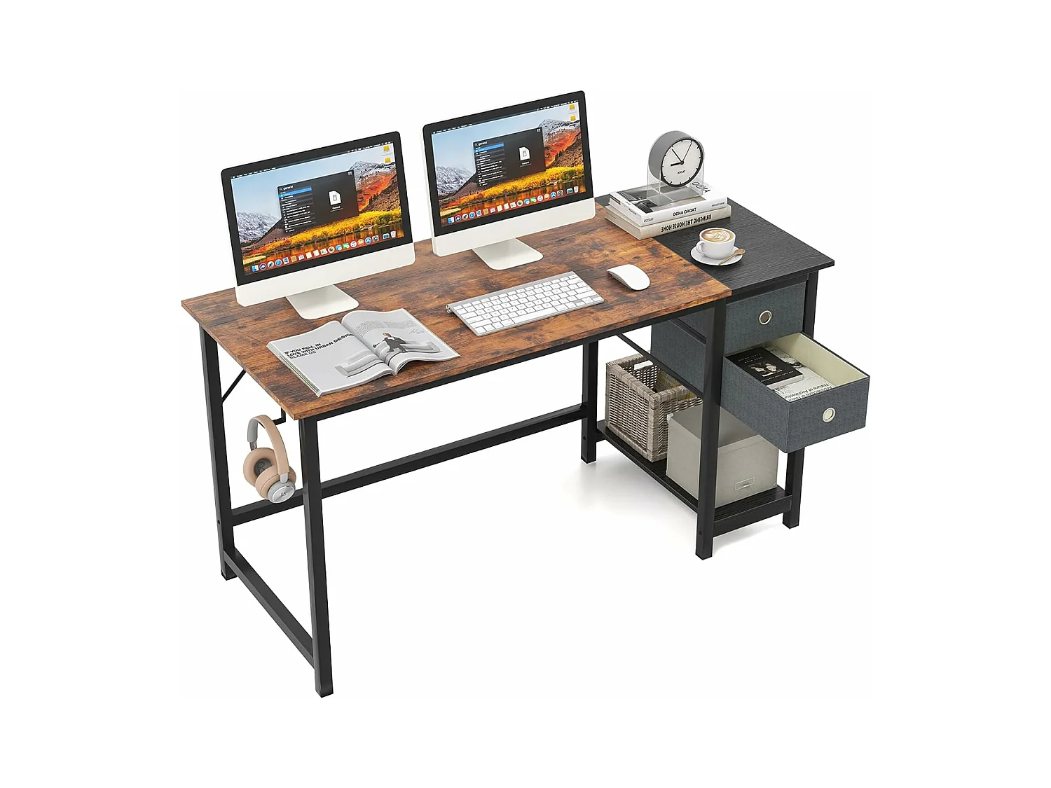 Bureau d'Ordinateur 60 x 140 cm, Table de Bureau avec 2 Tiroirs Étagère, Bureau d'Écriture, Table d'Étude, Postes de Travail pour Chambre, Bureau, Marron Rustique
