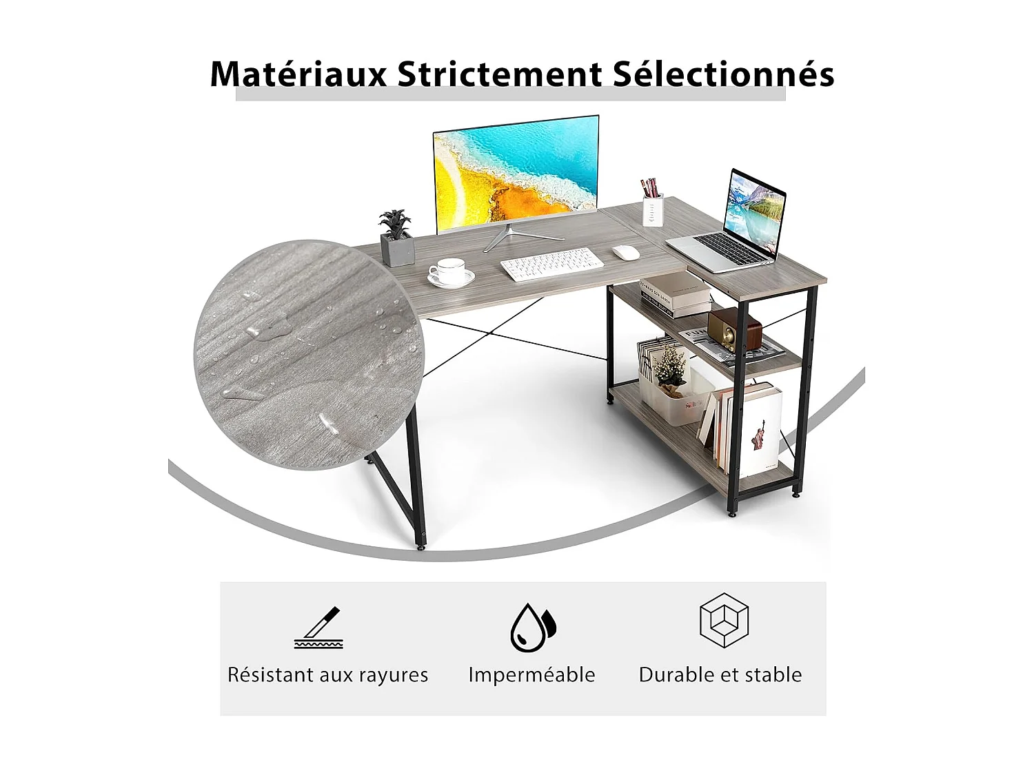 Bureau d'angle en Forme L Réversible, Poste de Travail avec Étagères de Rangement, 120 x 88 x 74,5 cm, Peu Encombrant, pour Maison, Bureaux (Gris)