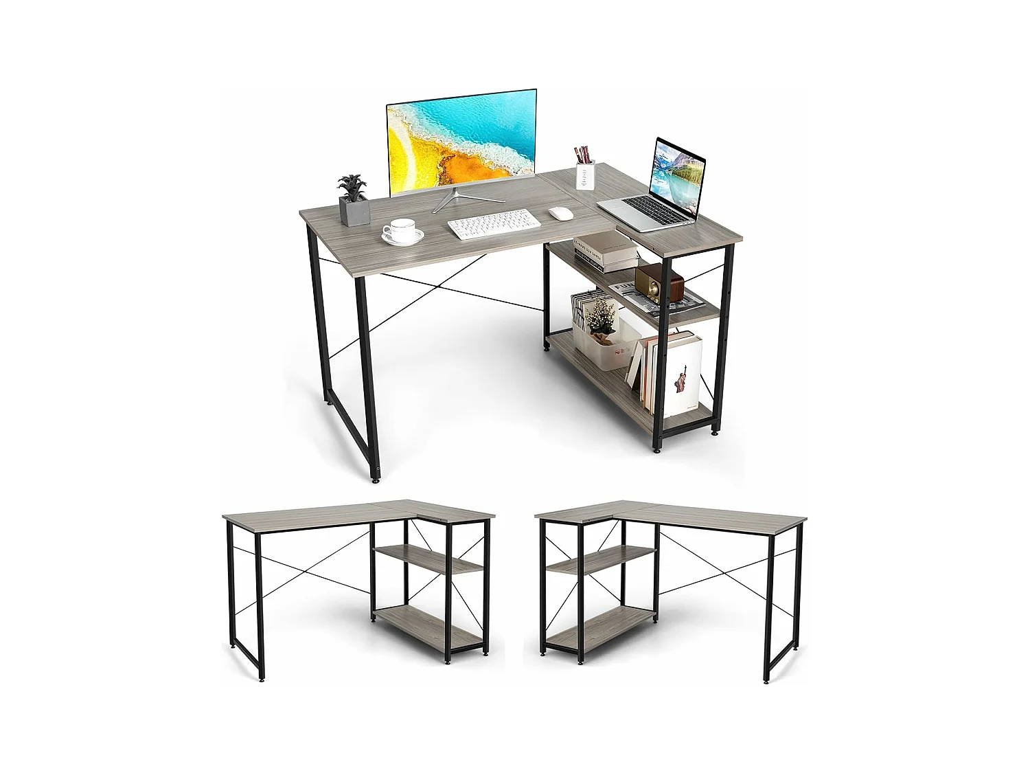 Bureau d'angle en Forme L Réversible, Poste de Travail avec Étagères de Rangement, 120 x 88 x 74,5 cm, Peu Encombrant, pour Maison, Bureaux (Gris)