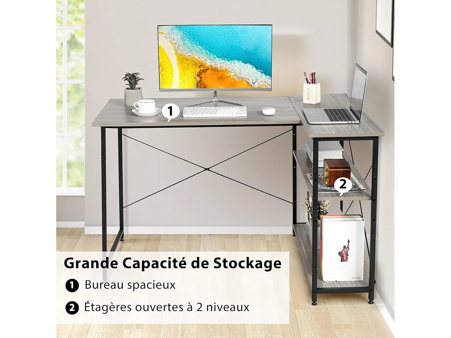 Bureau d'angle en Forme L Réversible, Poste de Travail avec Étagères de Rangement, 120 x 88 x 74,5 cm, Peu Encombrant, pour Maison, Bureaux (Gris)