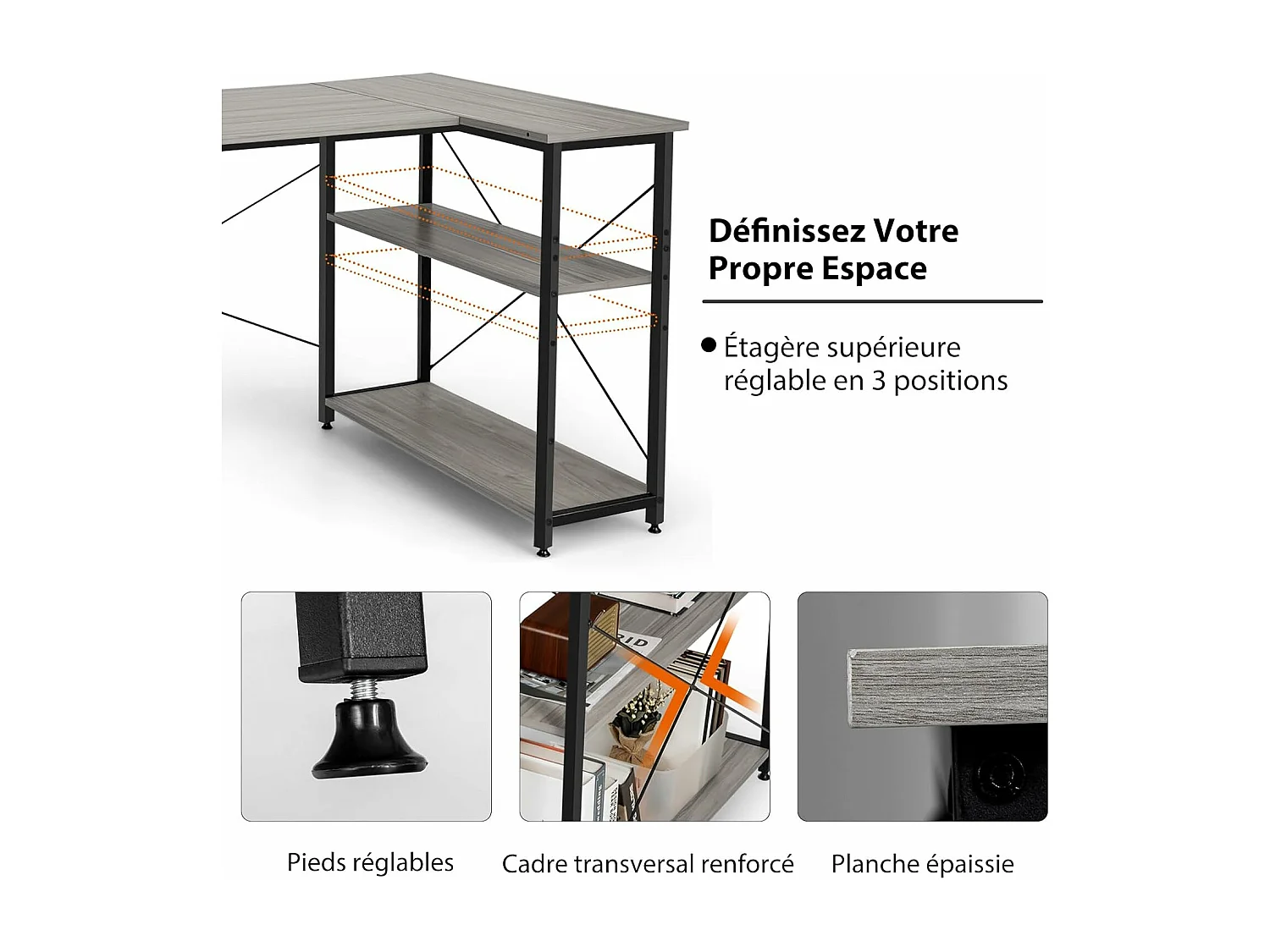 Bureau d'angle en Forme L Réversible, Poste de Travail avec Étagères de Rangement, 120 x 88 x 74,5 cm, Peu Encombrant, pour Maison, Bureaux (Gris)