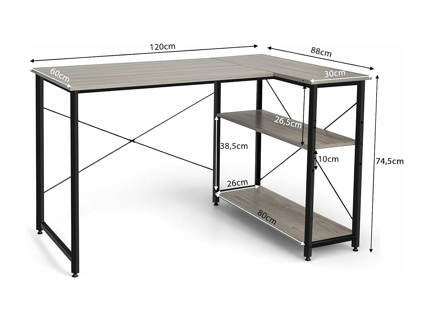 Bureau d'angle en Forme L Réversible, Poste de Travail avec Étagères de Rangement, 120 x 88 x 74,5 cm, Peu Encombrant, pour Maison, Bureaux (Gris)