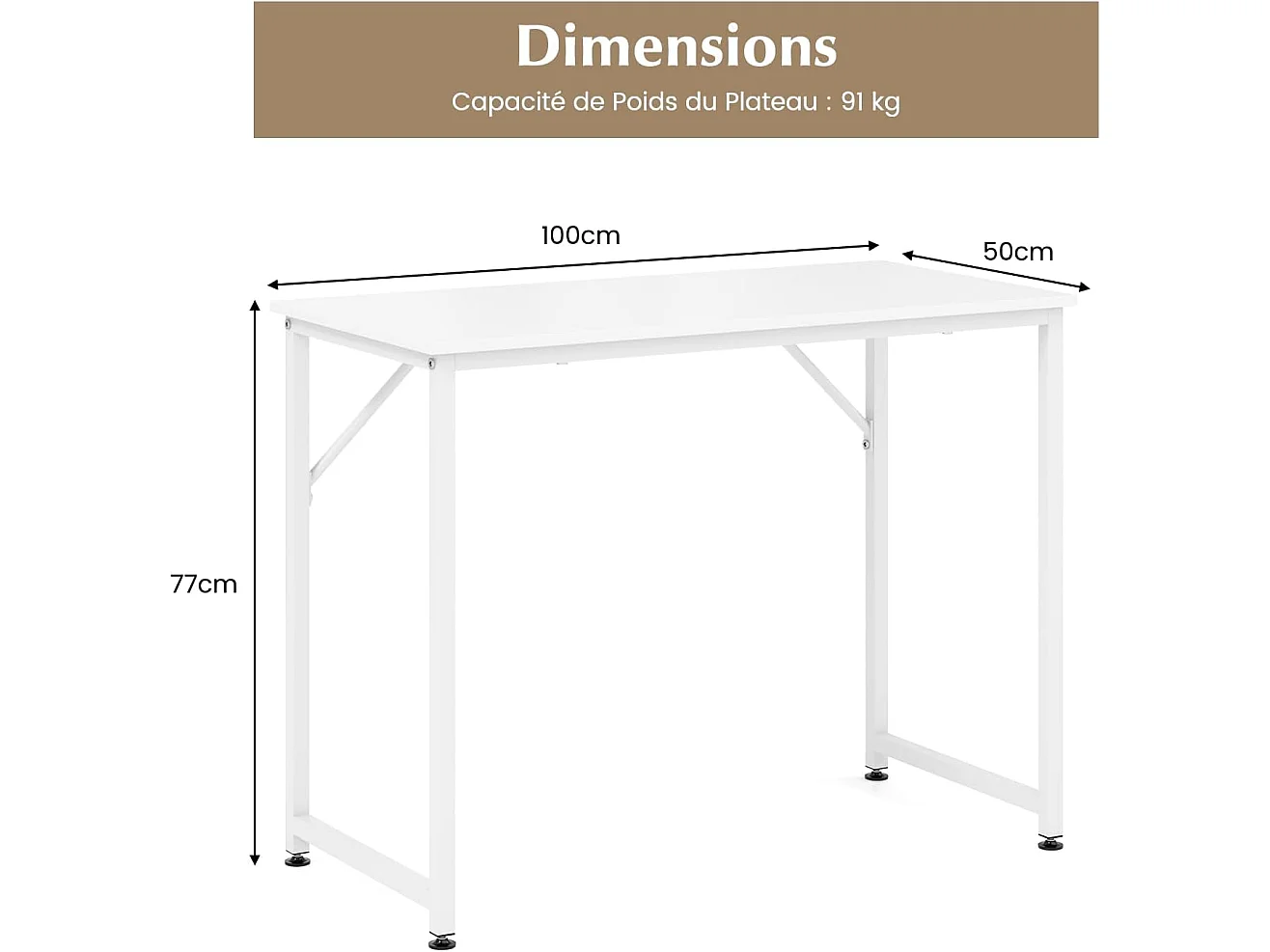 Bureau d'Ordinateur, Table Poste de Travail, Bureau Informatique, 50 x 100 x 77 cm, Style Industriel, Cadre en Métal, pour Bureau, Chambre, Salle de Réunion (Blanc)