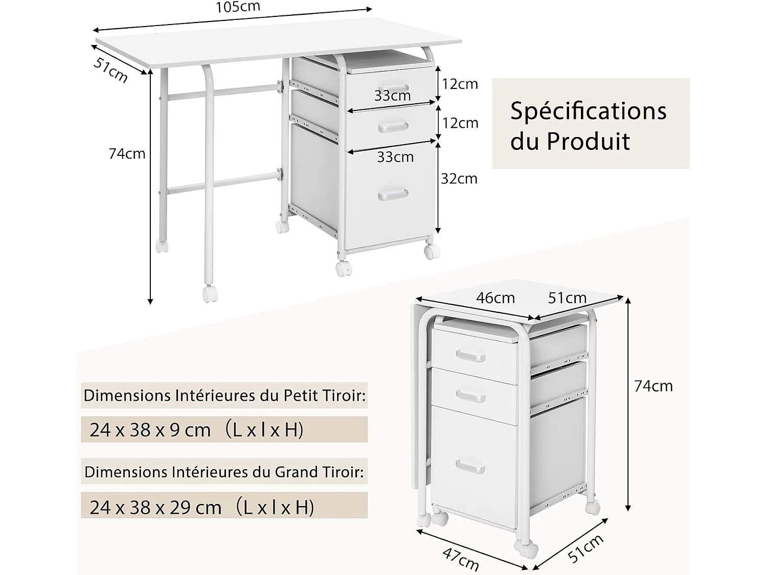 Bureau Pliable avec 3 Tiroirs, Table d'Écriture Roues Verrouillables, Bureau à Domicile Roulant avec Cadre en Métal, Bureau Compact pour Dortoir, Appartement Blanc