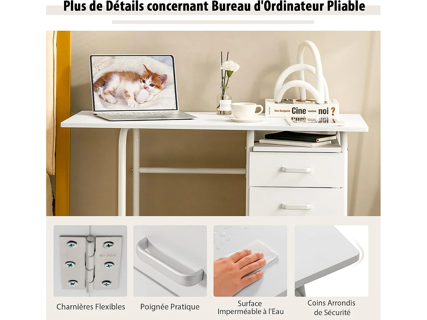 Bureau Pliable avec 3 Tiroirs, Table d'Écriture Roues Verrouillables, Bureau à Domicile Roulant avec Cadre en Métal, Bureau Compact pour Dortoir, Appartement Blanc