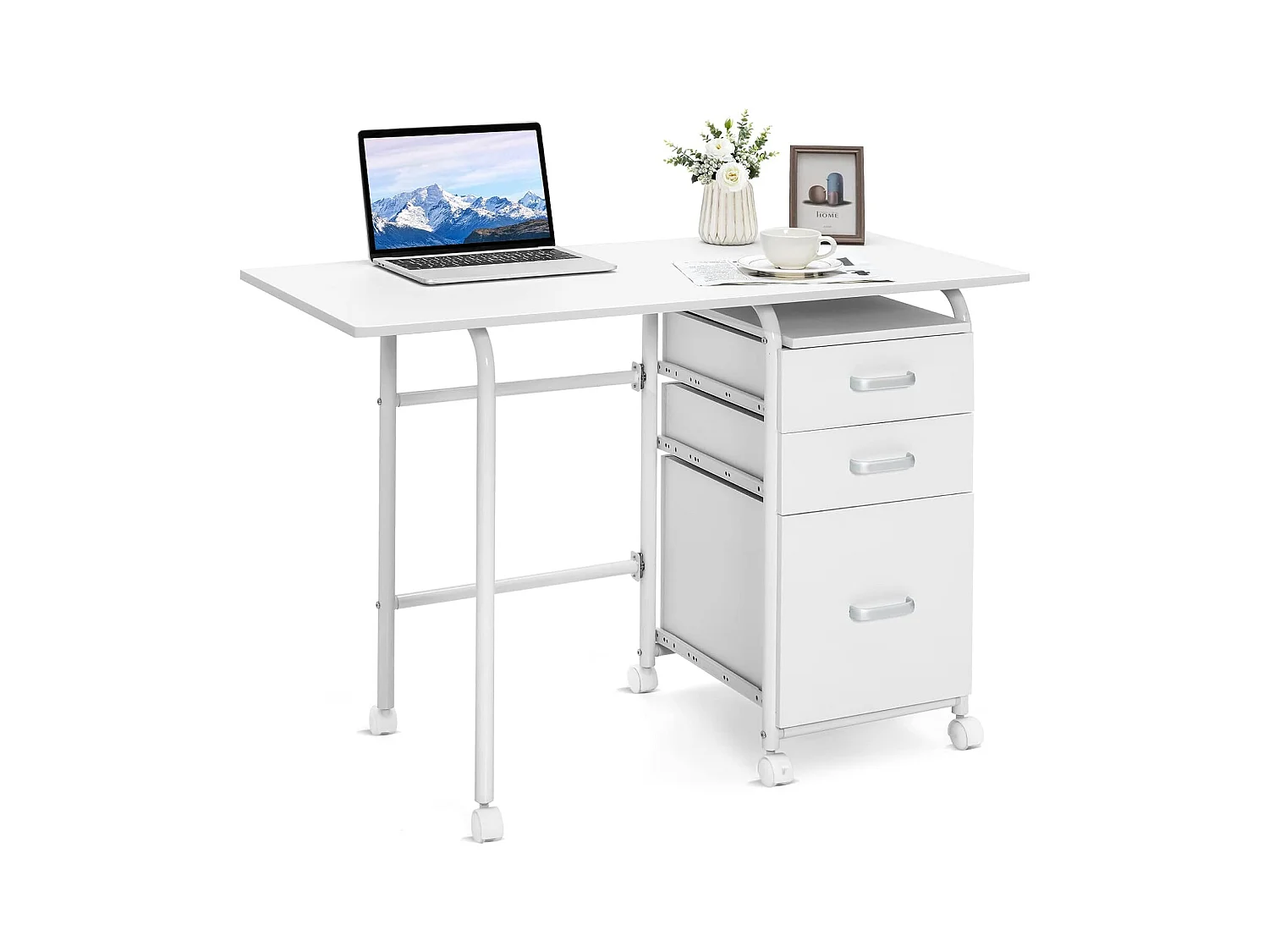 Bureau Pliable avec 3 Tiroirs, Table d'Écriture Roues Verrouillables, Bureau à Domicile Roulant avec Cadre en Métal, Bureau Compact pour Dortoir, Appartement Blanc
