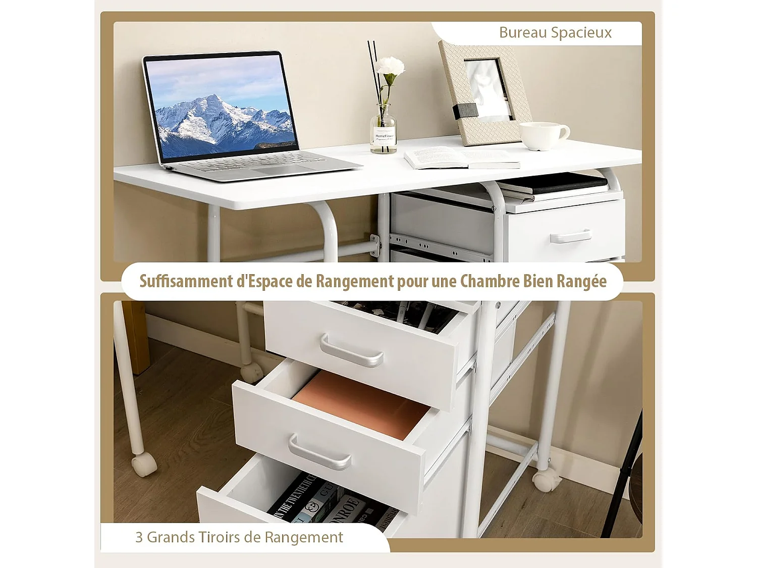 Bureau Pliable avec 3 Tiroirs, Table d'Écriture Roues Verrouillables, Bureau à Domicile Roulant avec Cadre en Métal, Bureau Compact pour Dortoir, Appartement Blanc