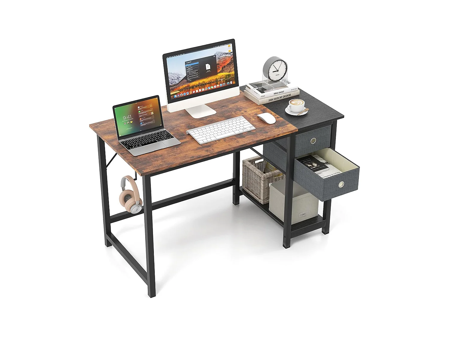Bureau d'Ordinateur 60 x 120 cm, Table de Bureau avec 2 Tiroirs Étagère, Bureau d'Écriture, Table d'Étude, Postes de Travail pour Chambre, Bureau, Marron Rustique