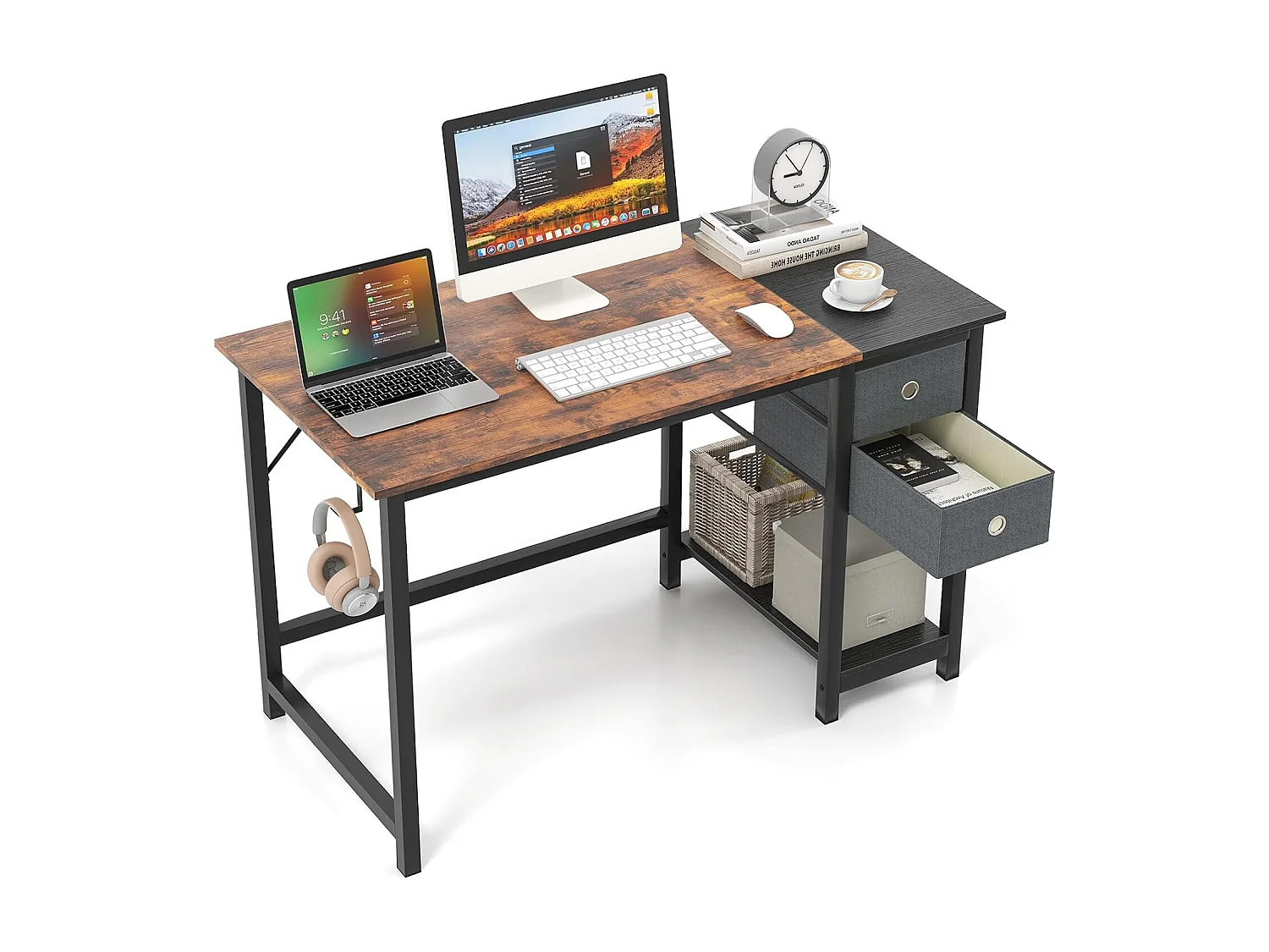 Bureau d'Ordinateur 60 x 120 cm, Table de Bureau avec 2 Tiroirs Étagère, Bureau d'Écriture, Table d'Étude, Postes de Travail pour Chambre, Bureau, Marron Rustique