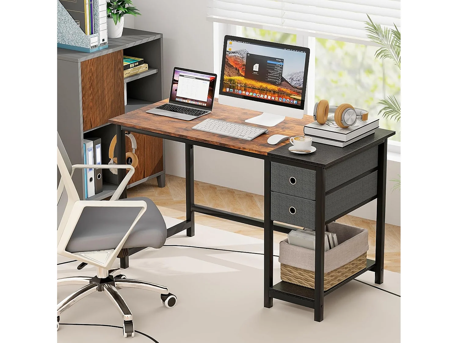 Bureau d'Ordinateur 60 x 120 cm, Table de Bureau avec 2 Tiroirs Étagère, Bureau d'Écriture, Table d'Étude, Postes de Travail pour Chambre, Bureau, Marron Rustique