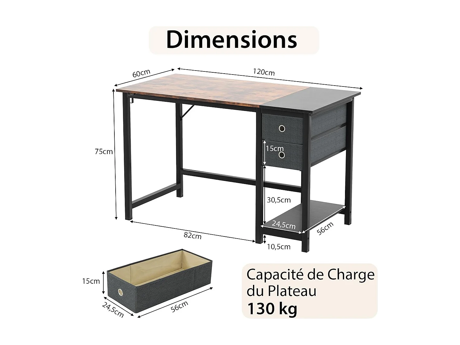 Bureau d'Ordinateur 60 x 120 cm, Table de Bureau avec 2 Tiroirs Étagère, Bureau d'Écriture, Table d'Étude, Postes de Travail pour Chambre, Bureau, Marron Rustique
