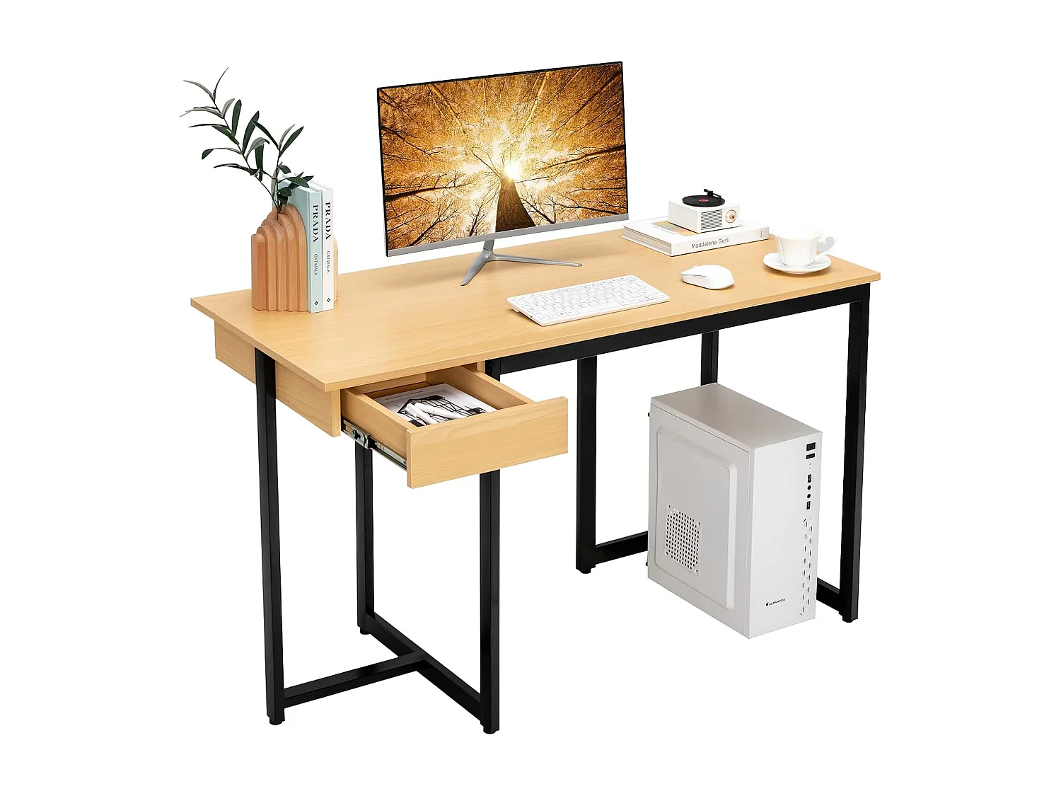 Bureau d'Ordinateur 120 x 55 cm, Table avec Tiroir, Design Élégant, Postes de Travail pour Bureau, Salon, Chambre, Facile à Assembler, 120 x 55 x 75 cm (Naturel)