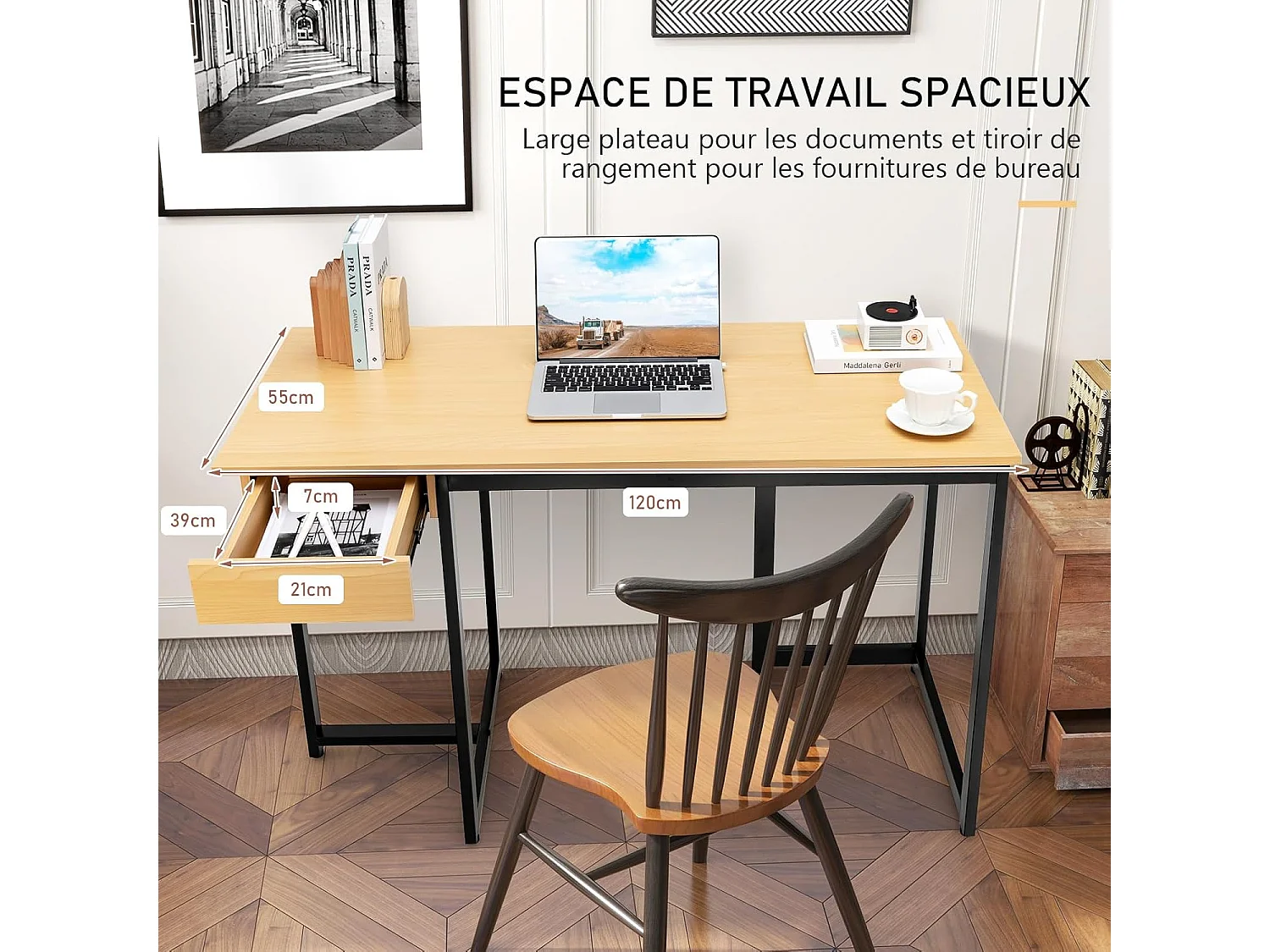 Bureau d'Ordinateur 120 x 55 cm, Table avec Tiroir, Design Élégant, Postes de Travail pour Bureau, Salon, Chambre, Facile à Assembler, 120 x 55 x 75 cm (Naturel)