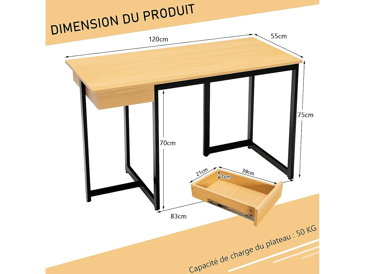 Bureau d'Ordinateur 120 x 55 cm, Table avec Tiroir, Design Élégant, Postes de Travail pour Bureau, Salon, Chambre, Facile à Assembler, 120 x 55 x 75 cm (Naturel)