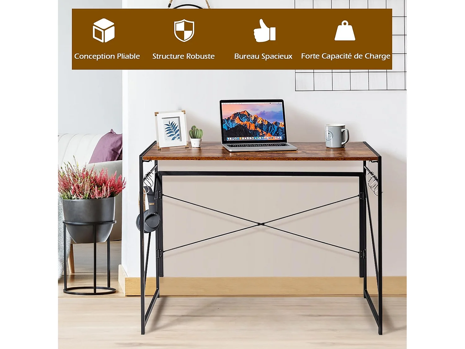 100 x 50 cm opvouwbaar computerbureau, metalen frame kantoortafel, 6 S-vormige haken, draagvermogen 115 kg industriële/moderne stijl (rustiek bruin)