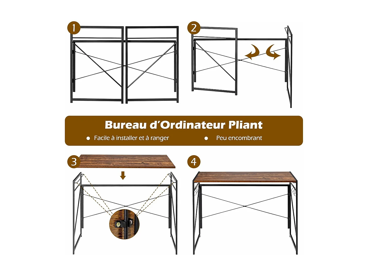 100 x 50 cm opvouwbaar computerbureau, metalen frame kantoortafel, 6 S-vormige haken, draagvermogen 115 kg industriële/moderne stijl (rustiek bruin)