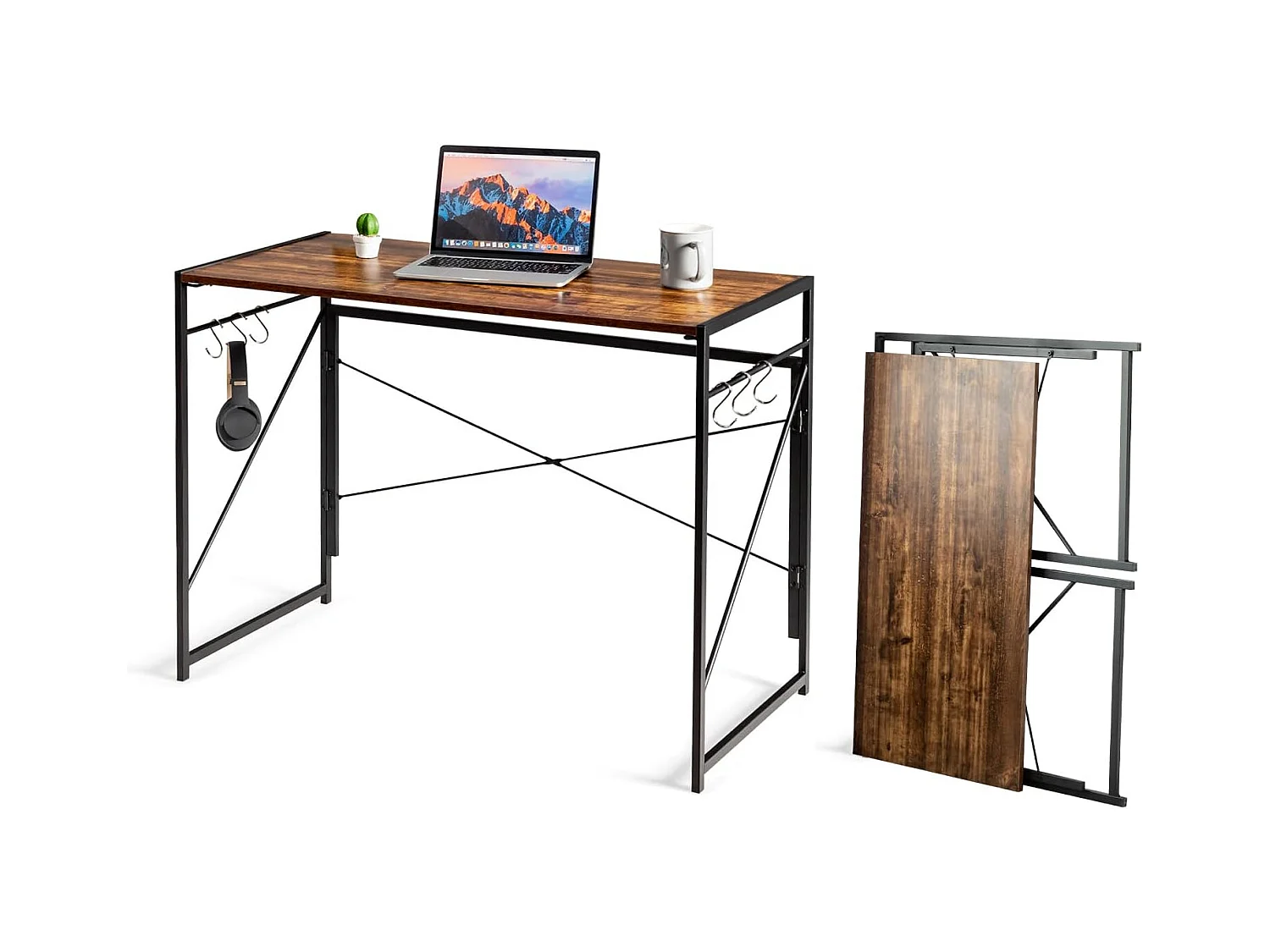 Bureau d'Ordinateur Pliant 100 x 50 cm, Table de Bureau Cadre en Métal, 6 Crochets en Forme de S, Charge 115kg Style Industriel/Moderne (Marron Rustique)