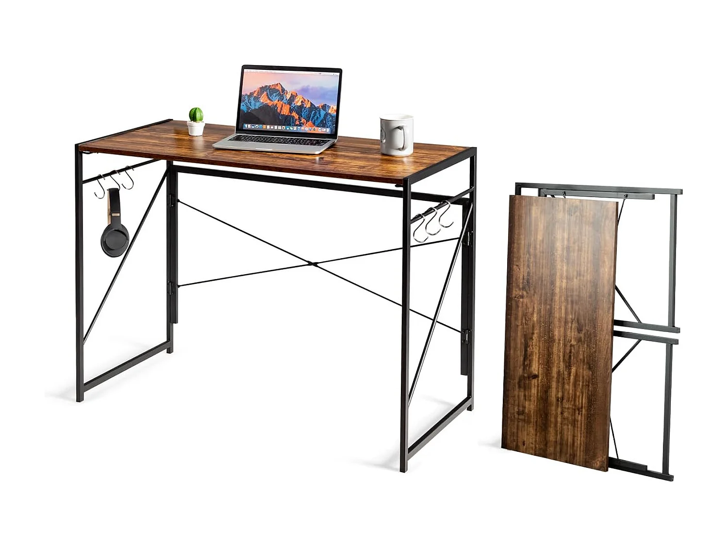 Bureau d'Ordinateur Pliant 100 x 50 cm, Table de Bureau Cadre en Métal, 6 Crochets en Forme de S, Charge 115kg Style Industriel/Moderne (Marron Rustique)