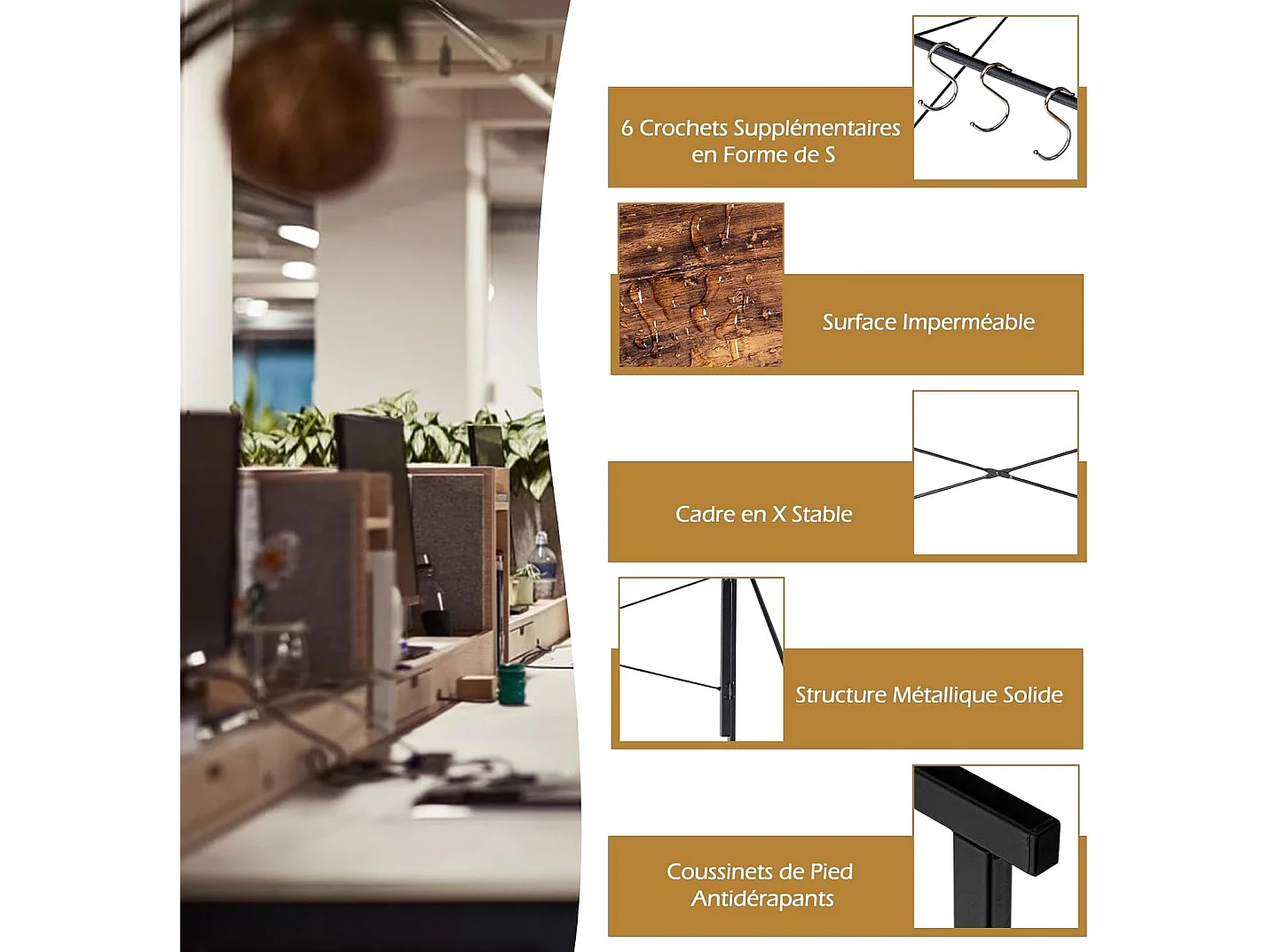 Bureau d'Ordinateur Pliant 100 x 50 cm, Table de Bureau Cadre en Métal, 6 Crochets en Forme de S, Charge 115kg Style Industriel/Moderne (Marron Rustique)