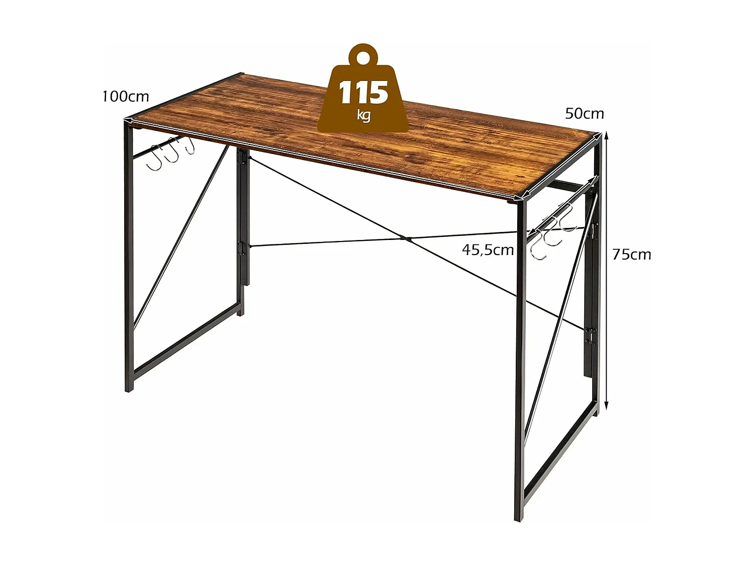 Bureau d'Ordinateur Pliant 100 x 50 cm, Table de Bureau Cadre en Métal, 6 Crochets en Forme de S, Charge 115kg Style Industriel/Moderne (Marron Rustique)