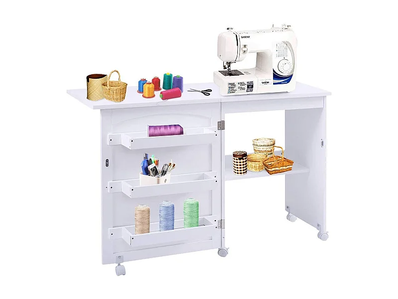 Table de Couture Pliante Meuble pour Machine à Coudre avec 3 Etagères pour Bobines et Roulettes verrouillables en Bois
