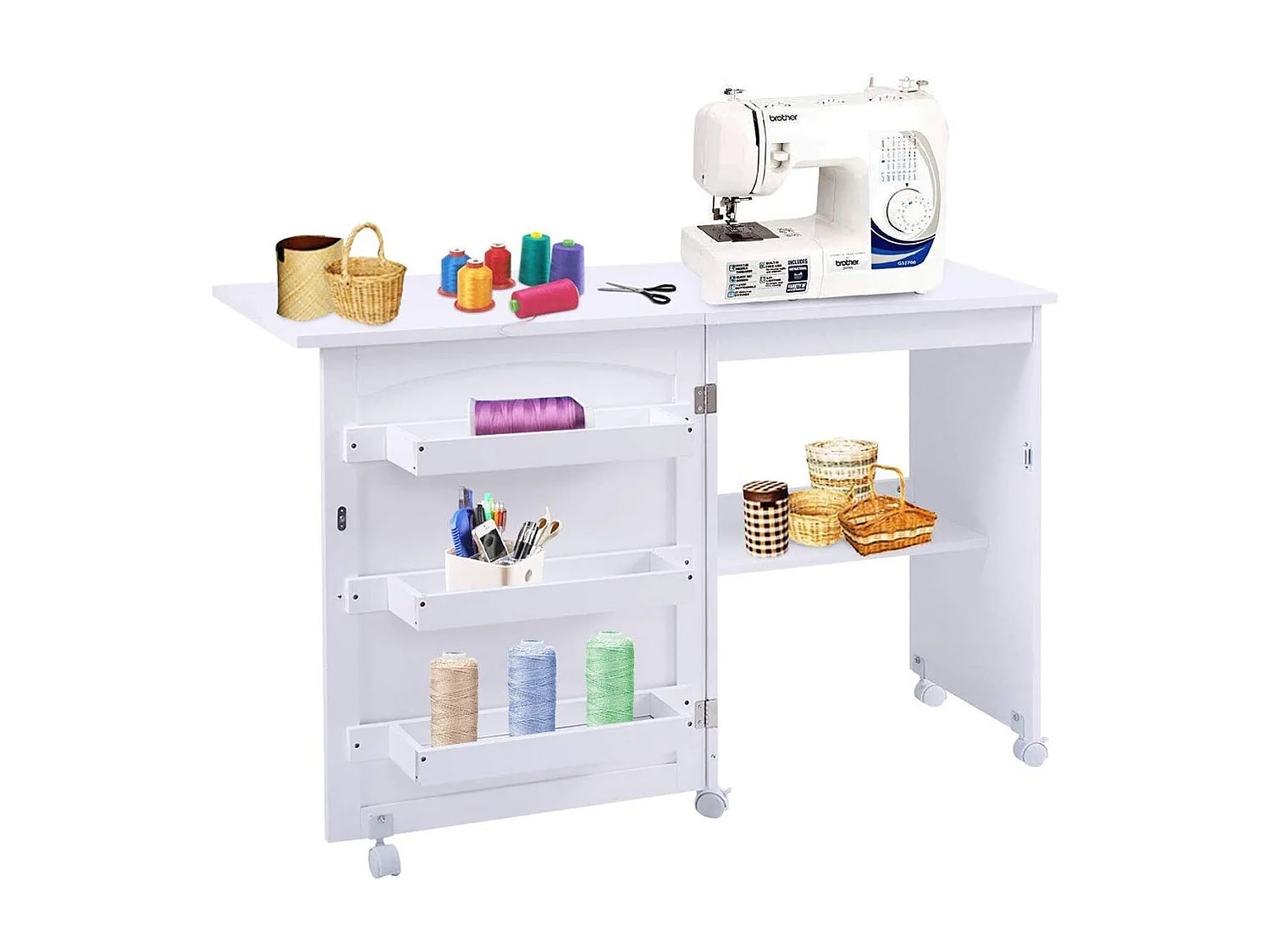 Table de Couture Pliante Meuble pour Machine à Coudre avec 3 Etagères pour Bobines et Roulettes verrouillables en Bois