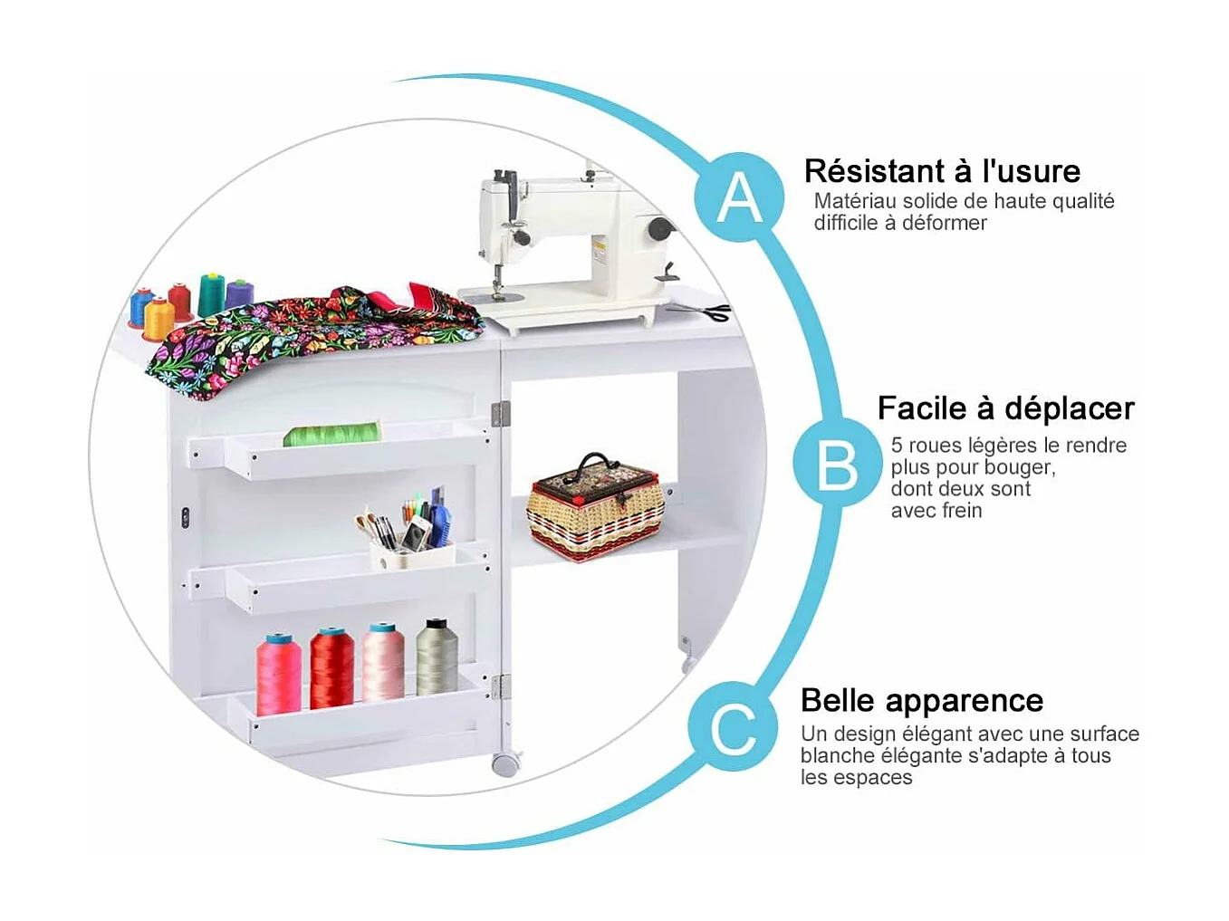 Table de Couture Pliante Meuble pour Machine à Coudre avec 3 Etagères pour Bobines et Roulettes verrouillables en Bois