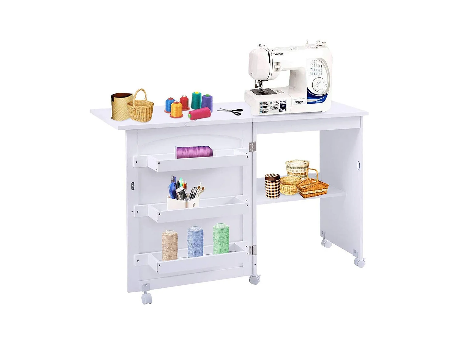 Table de Couture Pliante Meuble pour Machine à Coudre avec 3 Etagères pour Bobines et Roulettes verrouillables en Bois