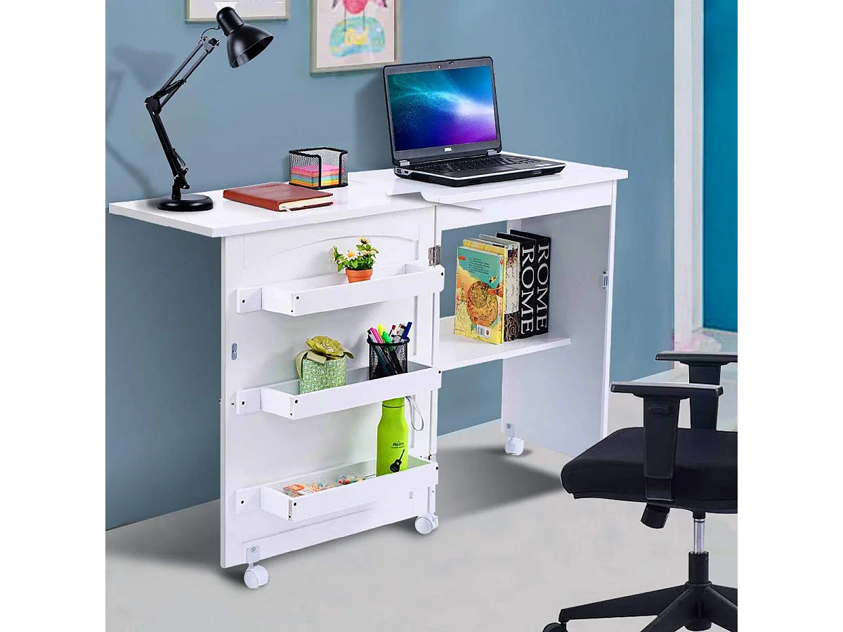 Table de Couture Pliante Meuble pour Machine à Coudre avec 3 Etagères pour Bobines et Roulettes verrouillables en Bois