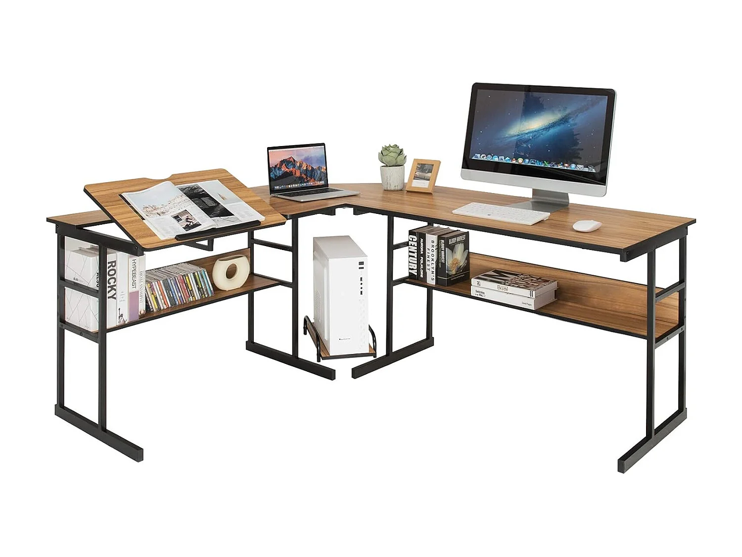 Bureau d'Ordinateur d'angle 170 x 150 cm, Table de Bureau avec Plateau Inclinable, Étagère Inférieure, Support UC, Poste de Travail pour Bureau, Studio (Noyer)