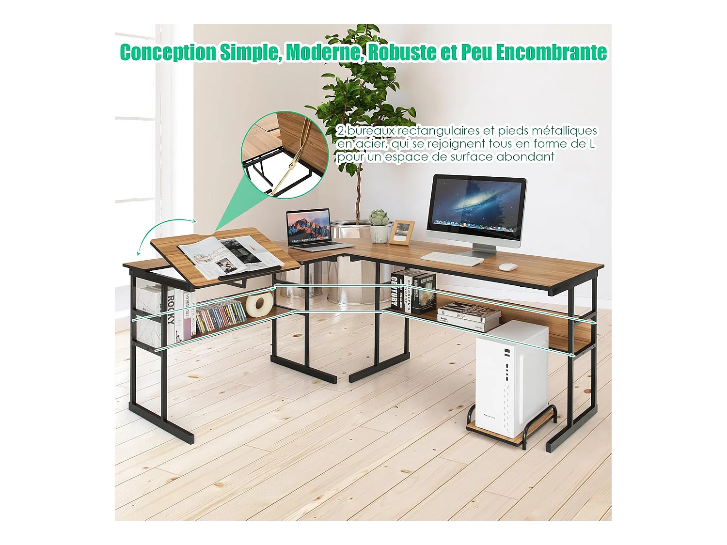 Bureau d'Ordinateur d'angle 170 x 150 cm, Table de Bureau avec Plateau Inclinable, Étagère Inférieure, Support UC, Poste de Travail pour Bureau, Studio (Noyer)