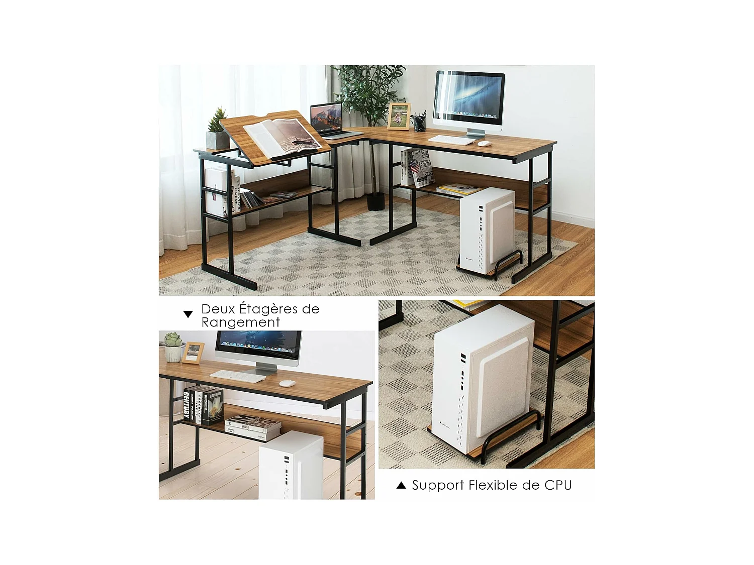 Bureau d'Ordinateur d'angle 170 x 150 cm, Table de Bureau avec Plateau Inclinable, Étagère Inférieure, Support UC, Poste de Travail pour Bureau, Studio (Noyer)