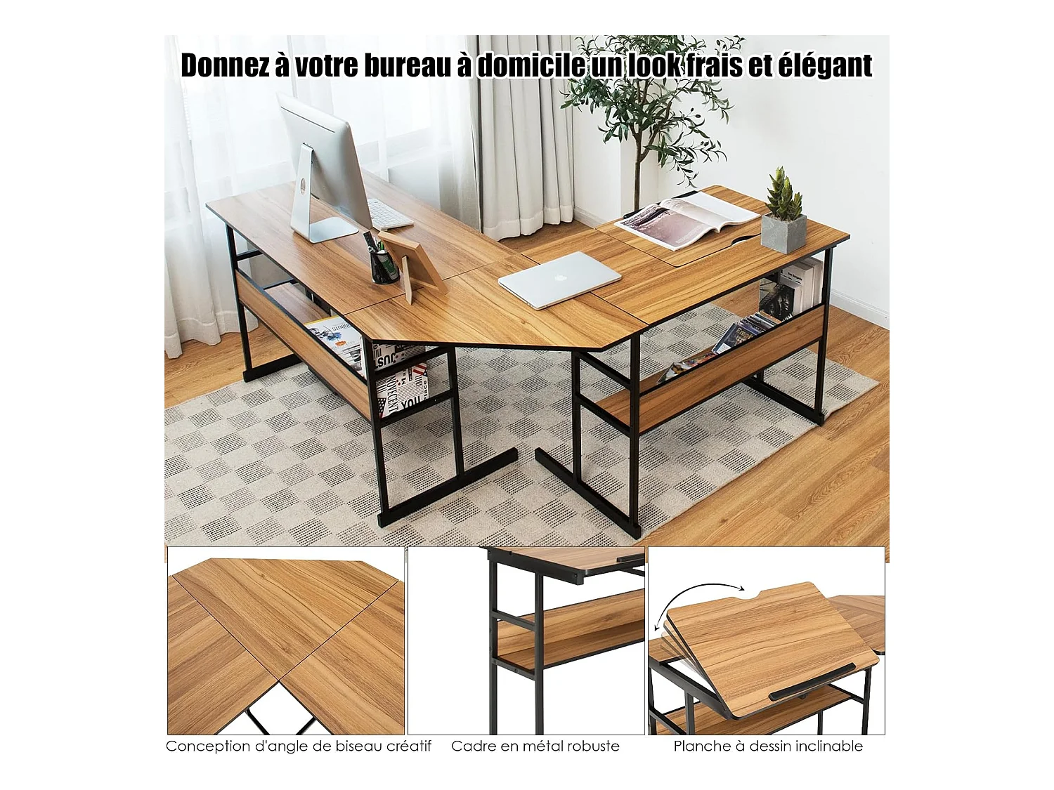 Bureau d'Ordinateur d'angle 170 x 150 cm, Table de Bureau avec Plateau Inclinable, Étagère Inférieure, Support UC, Poste de Travail pour Bureau, Studio (Noyer)