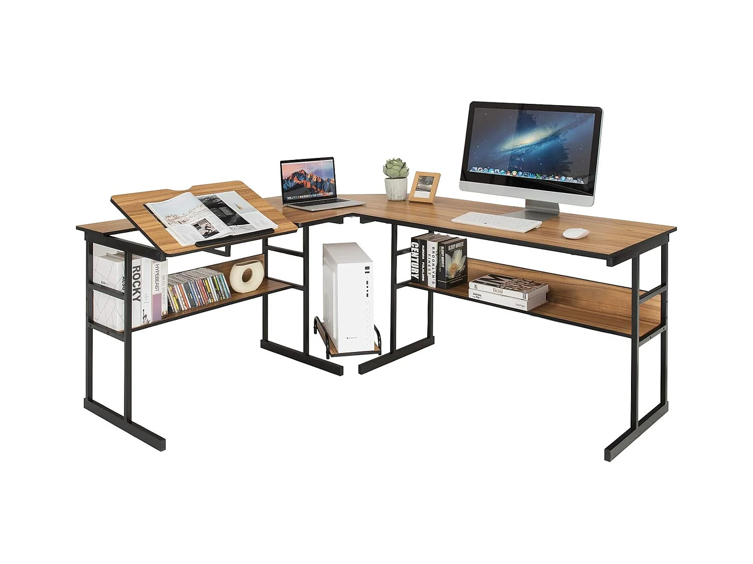 Bureau d'Ordinateur d'angle 170 x 150 cm, Table de Bureau avec Plateau Inclinable, Étagère Inférieure, Support UC, Poste de Travail pour Bureau, Studio (Noyer)