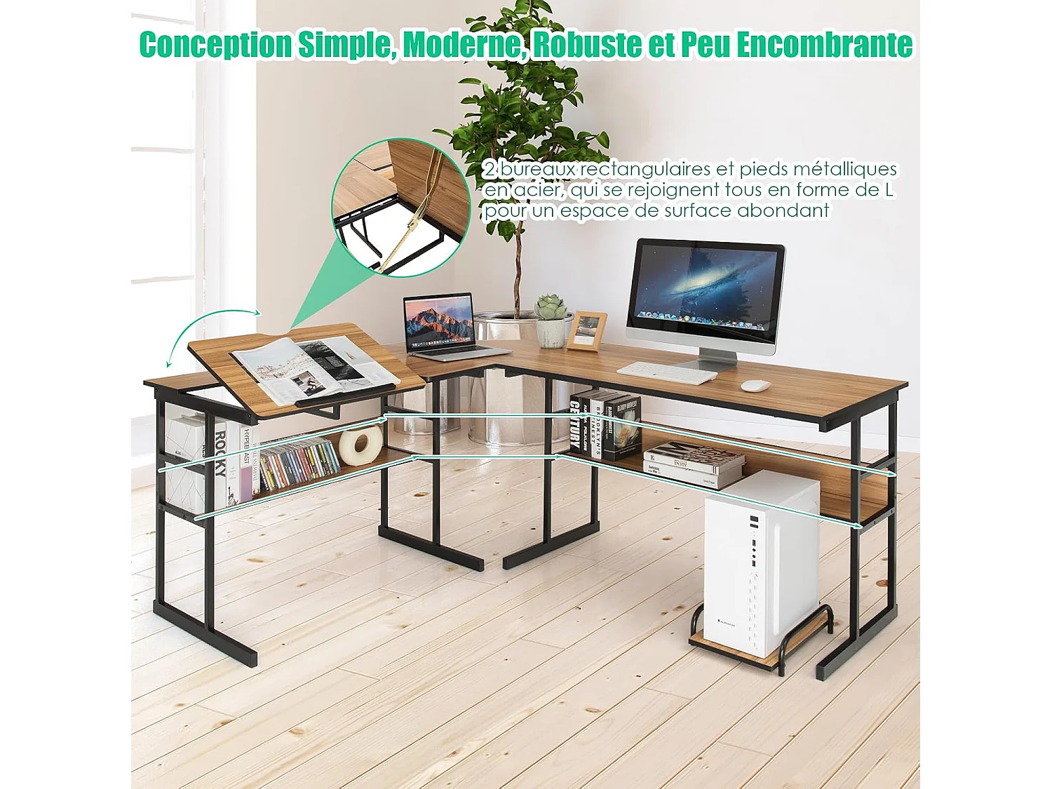 Bureau d'Ordinateur d'angle 170 x 150 cm, Table de Bureau avec Plateau Inclinable, Étagère Inférieure, Support UC, Poste de Travail pour Bureau, Studio (Noyer)